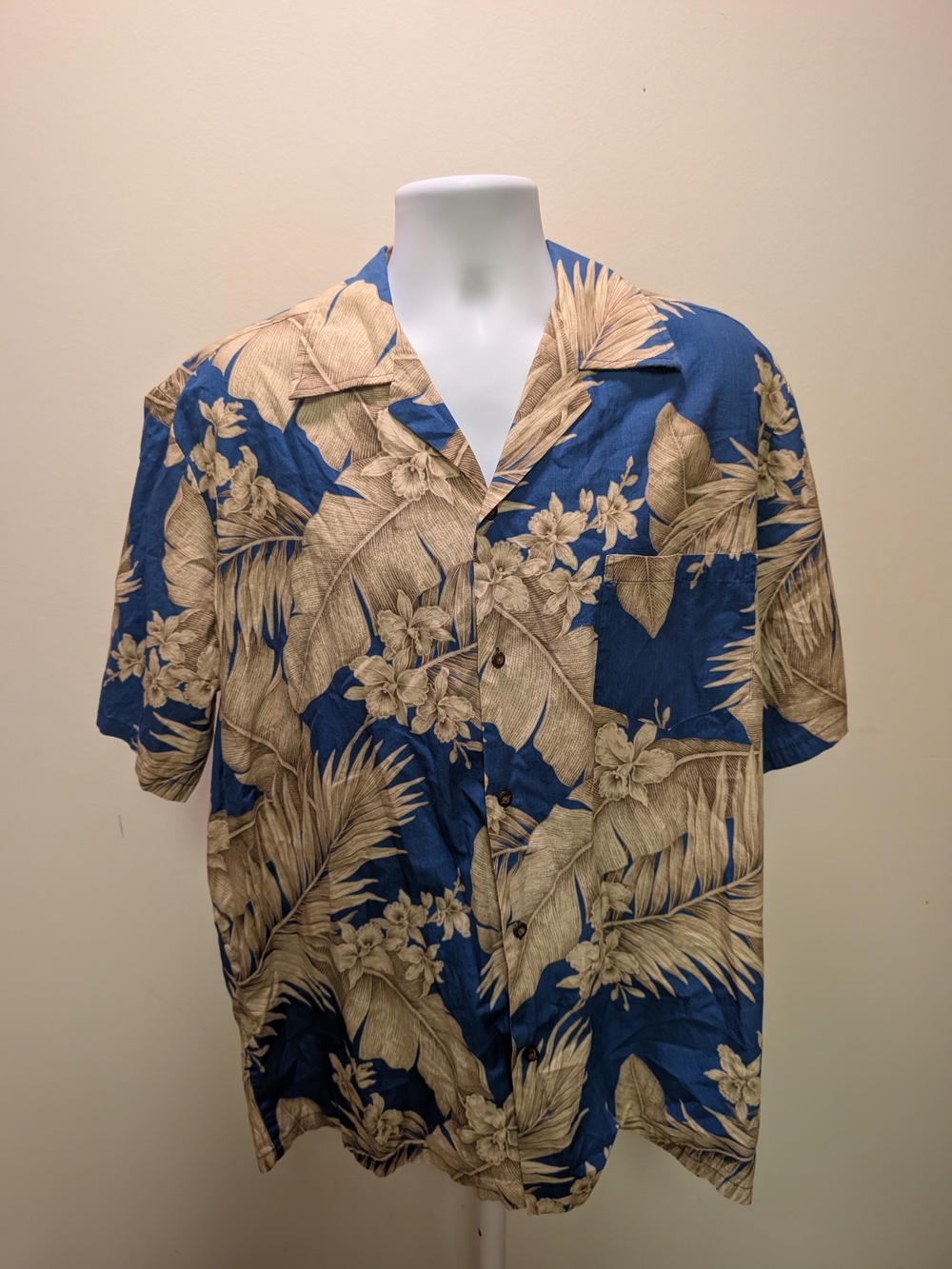 Vintage Malihini Hawaii Blue & Tan Floral Hawaiian Shirt — Men's 2XL